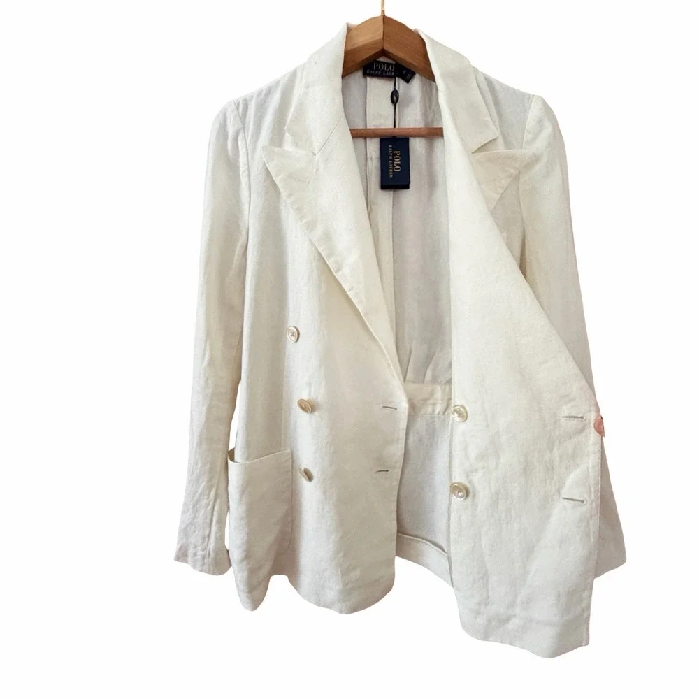 POLO Ralph Lauren Women Double Breasted Linen Blazer Size 6 White Coastal Preppy